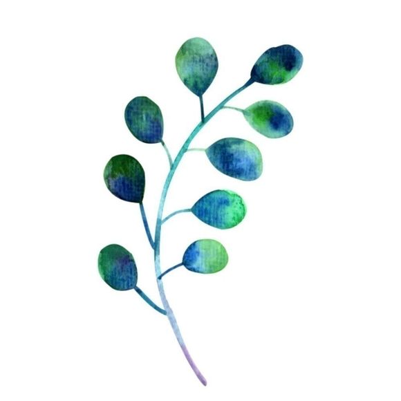 Blue green leaves branch watercolor art print - Picture 2 of 2